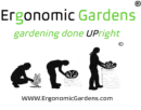 Ergonomic Gardens, LLC Logo. Image of gardener working on ground, in a low garden bed and then a tall garden bed.