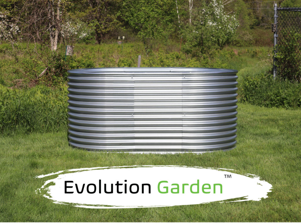 Large, tall elevated planter or raised garden bed, six and a half feet long and 39 inches wide. Titled Evolution Garden (Trademark).