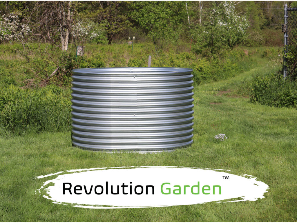 Medium, tall elevated planter or raised garden bed, four and a half feet long and 39 inches wide. Titled Revolution Garden (Trademark).