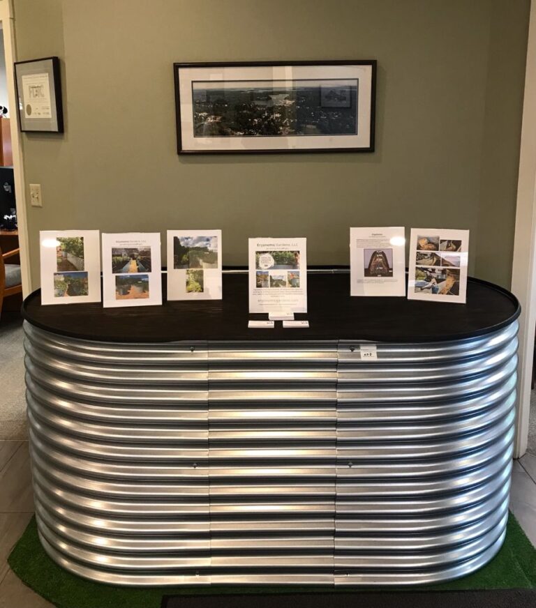 Large, tall elevated planter or raised garden bed (Evolution Garden) displayed inside Bath Savings Bank. The garden bed has a brown wooded top with display materials